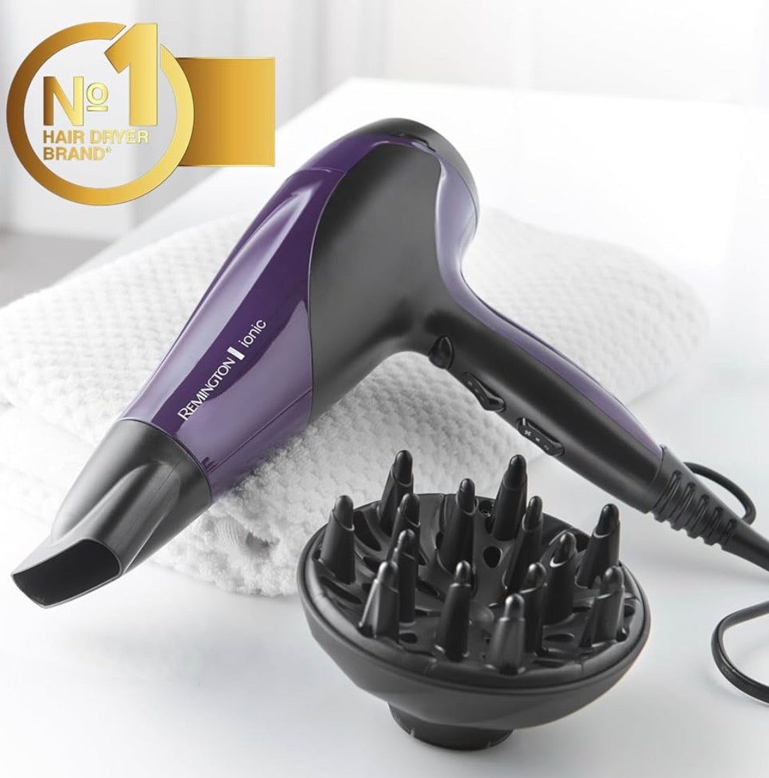 Remington Hair Dryer Ionic (Powerful, Fast Professional Styling, Diffuser, Concentrator, Ionic Conditioning for Frizz Free Hair, 3 Heat / 2 Speed Settings, Cool Shot, 2200W, Purple) D3190
